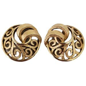 Trifari Crown Over T Gold Tone Round Open Scroll Clip On Earrings, Signed L77